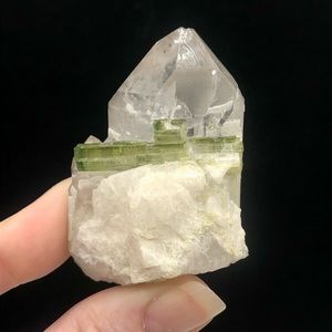 Green cap tourmaline on quartz